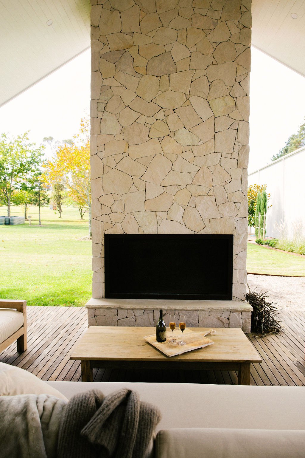 Stone outdoor fireplace